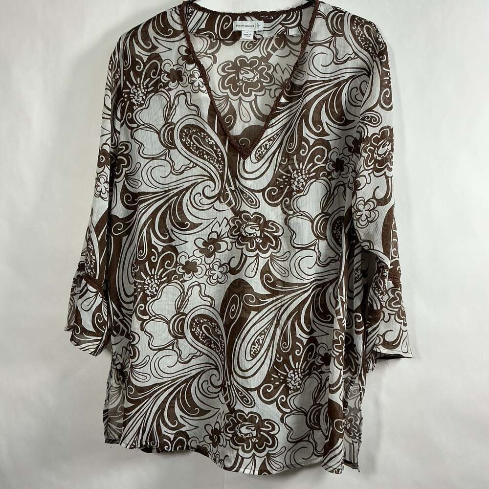 Susan Graver Brown and White Floral Paisley V-Neck Sheer Blouse Size L
